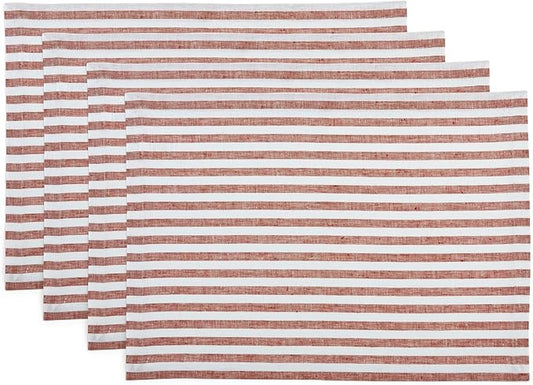 Solino Home Linen Cloth Placemats Set of 4 - Amalfi Stripe 100% Pure Linen Cinnamon and White Farmhouse Placemats 14 x 19 Inch for Fall, Autumn, Halloween, Thanksgiving