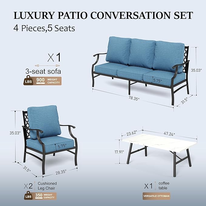 HERA'S HOUSE 4 Piece Patio Furniture Set, 2 x Metal Frame Cushioned Chair, 3-Seat Sofa with Marbling Coffee Table, All Weahter Outdoor Conversation Set for Lawn Garden Backyard, Navy Blue