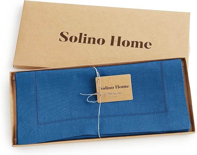 Solino Home Linen Hemstitch Table Runner 120 Inches Long - 100% Pure Linen Indigo Blue Table Runner 14 x 120 Inch for Fall, Autumn, Christmas - Classic Hemstitch