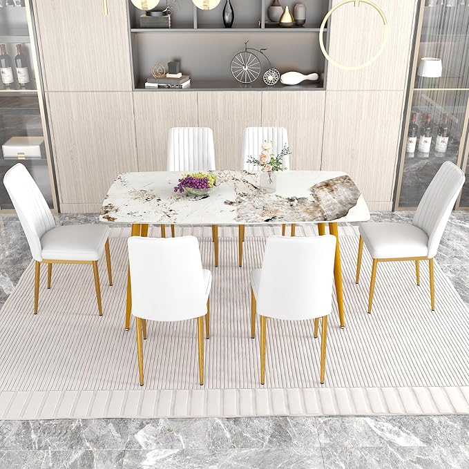 62" Marble Dining Room Table Set for 6 Rectangle Modern Dinner Table with Sintered Stone Top Golden Metal Legs Kitchen Table Chair Set for Dining Room (62" Golden+6White Chairs)