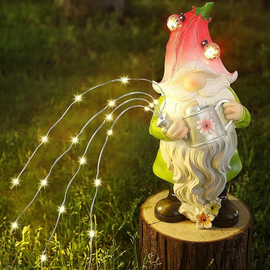 Joliyoou Solar Garden Statue Outdoor Decor, 10.2" H Resin Gnome with Watering Can & Solar Fairy Lights, Waterproof Standing Gnome Figurine for Lawn Yard Pathway Patio Front Door Decoration