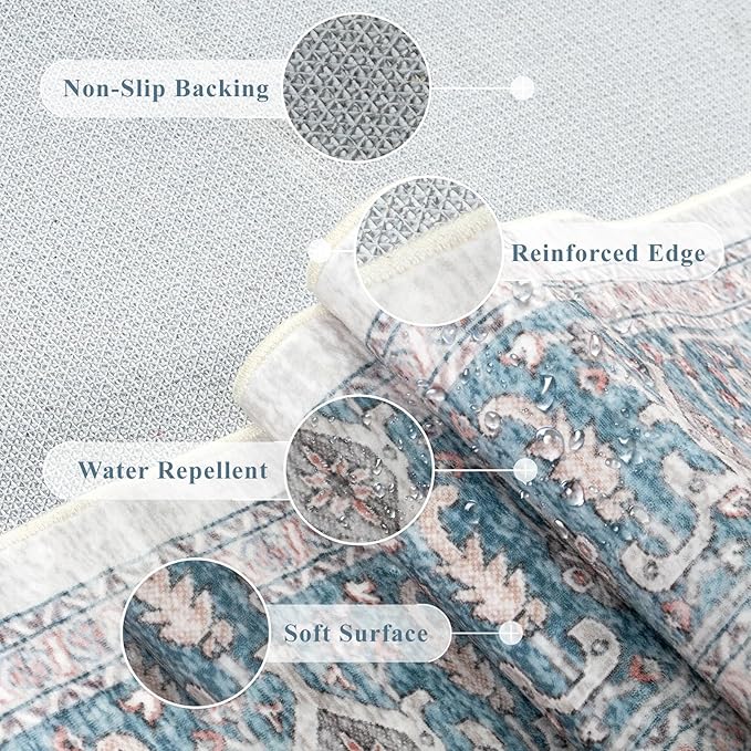 LIVEBOX 8x10 Washable Area Rug - Large Vintage Tribal Living Room Rug Oriental for Bedroom, Non-Slip Retro Medallion Carpet Print Distressed for Dining Room Guest Office