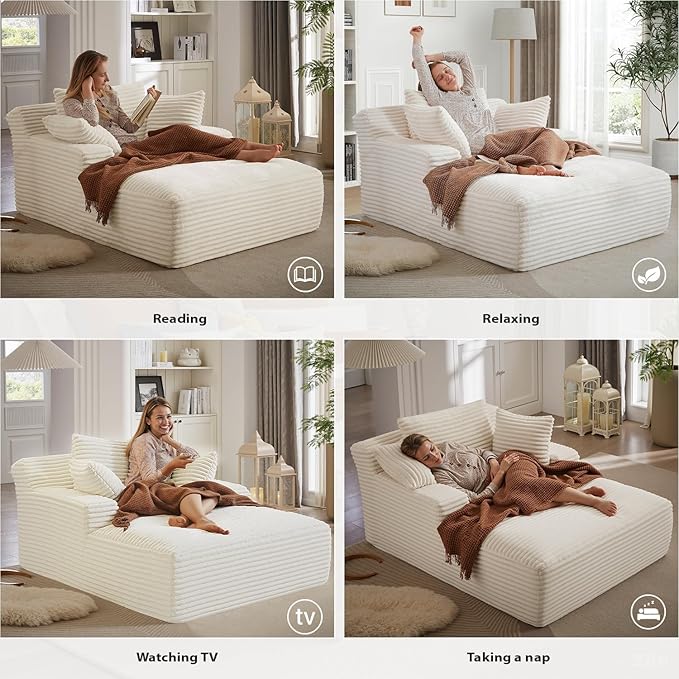 Oversized Chaise Lounge Chair Indoor, Corduroy Sofa Bed with Throw Pillows, Cozy Cloud Couch, Upholstered Sleeper Sofa Couch for Living Room, Bedroom, Apartment, White
