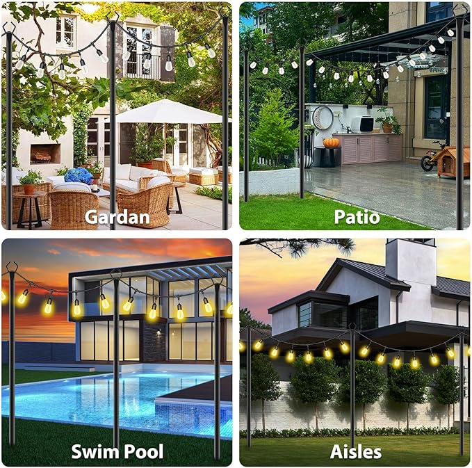 zoegi 4 Pack 10Ft String Light Poles,Light Poles for Outside Lights with Fork,Outdoor Brackets Hanging Lights,Metal Stand for Deck Patio,Backyard,Wedding,Deck,Party