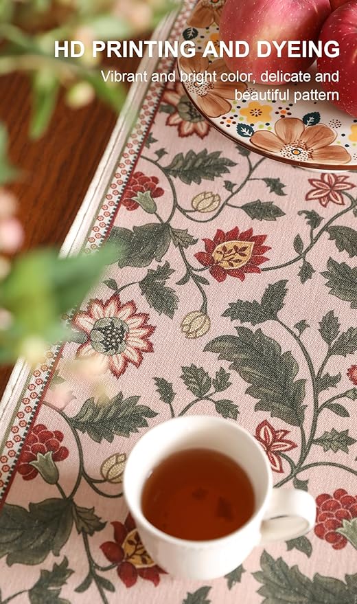 Designer Provence Elegant Linen Table Runner 71 Inches Long,Flower and Leaves Pattern Durable Table Runners for Dining Tables,Thanksgiving,Kitchen Tables,Christmas,12"*71"-Ratina