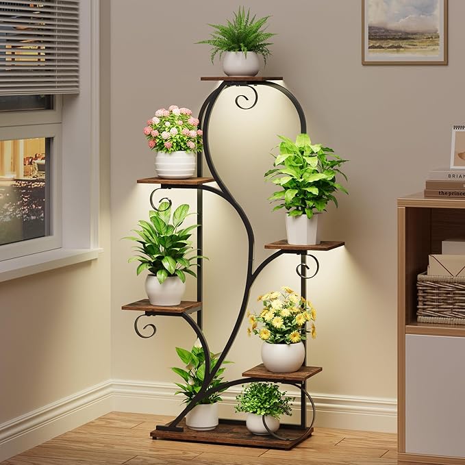 Plant Stand Indoor with Grow Lights, 6 Tiered Arched Plant Shelf, Metal Corner Shelves Display Rack Flower Stand for Living room, Patio