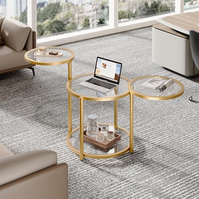 Round Glass Coffee Table - 4 Tier Coffee Tables for Living Room with Rotating Top, Circle Coffee Table with Storage, Modern Clear Center Table with Metal Frame for Small Space, Office, Gold