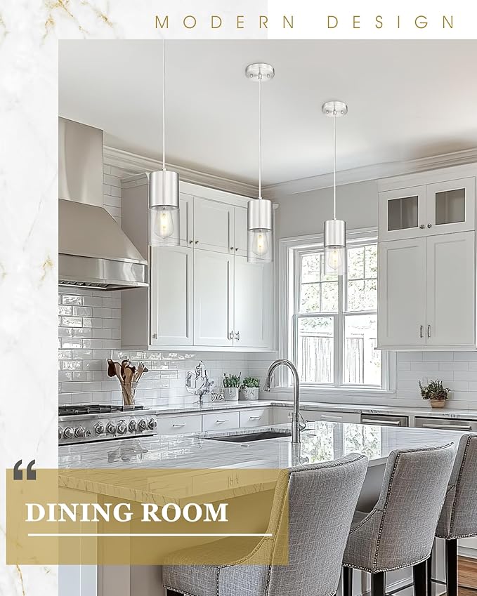 Pendant Lights Kitchen Island, Brushed Nickel Hanging Lights Fixtures with Cylinder Clear Glass, Modern Kitchen Pendant Lighting Over Island for Dining Room, AD-24023-1P-SN