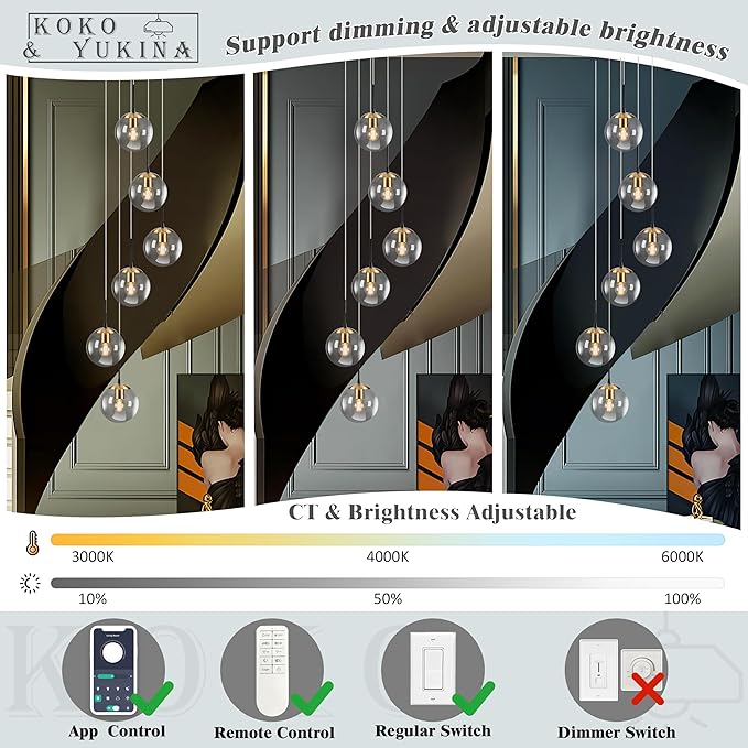 KoKo&Yukina Gold 6-Light Globe Chandelier Modern Globe Pendant Light Dining Light Fixtures Ceiling Hanging Stairwell Lighting Adjustable Staircase Lights Grey Glass Light Fixture for Kitchen