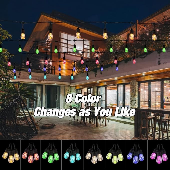 48FT Solar Outdoor String Lights, 15 Shatterproof Edison LED Bulbs, Dimmable RGB Color Changing Patio Lights with 8 Modes & Remote, Waterproof Commercial Grade for Garden, Yard, Party