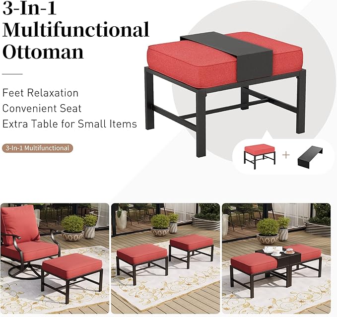 6 Piece Metal Outdoor Patio Furniture Set, Patio Conversation Sets 1 3-Seater Sofa, 2 Swivel Chair, 2 Ottomans with 5.75" Thick Cushion and Coffee Table, Black Backyard Furniture, Red