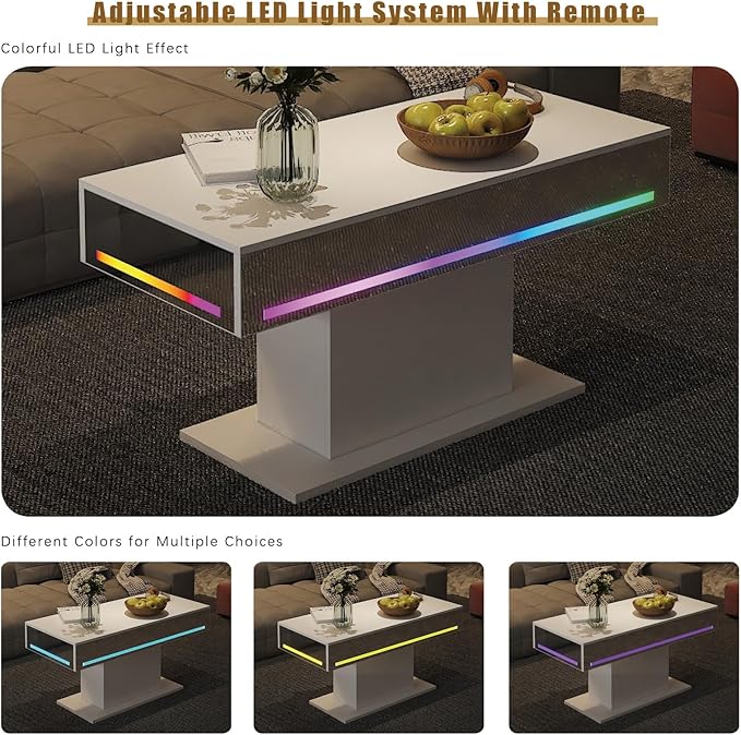Led Coffee Table for Living Room, Living Room Table Rectangular Center Table, Modern Wooden Coffee Tables with 16 Colors LED Lights for Dining Reception Room