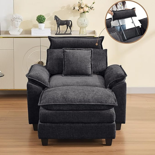 46''Cloud Oversized Sofa Chair with Detachable Headrest, Upholstered Comfy Arm Accent Chair with Ottoman,Modern Chenille Reading Lounge Armchair for Living Room,Bedroom, Dark Grey