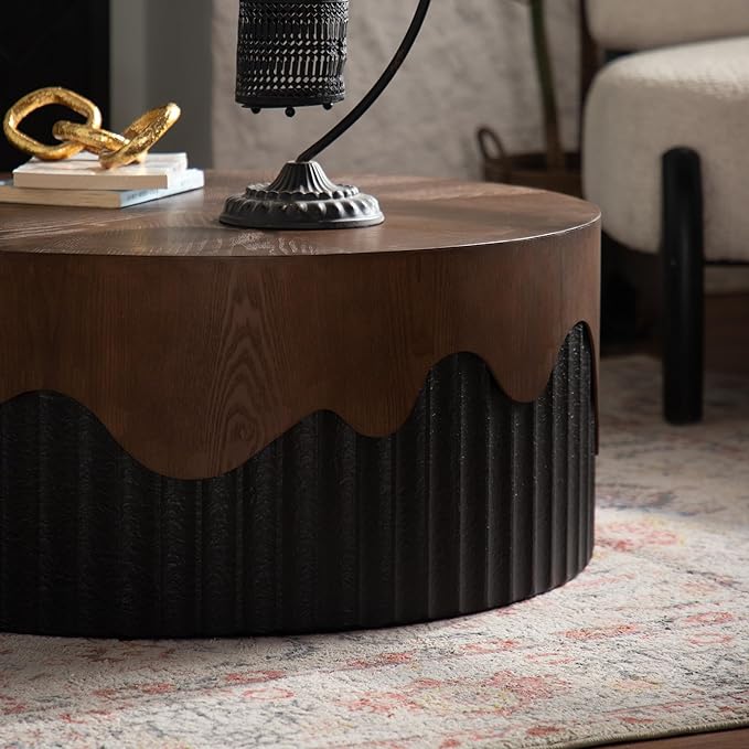 Round Coffee Table, 30.31" Circle Accent End Table, Morden Drum Side Table, Fluted Wooden Center Table for Living Room, Fully Assembled - Walnut and Black