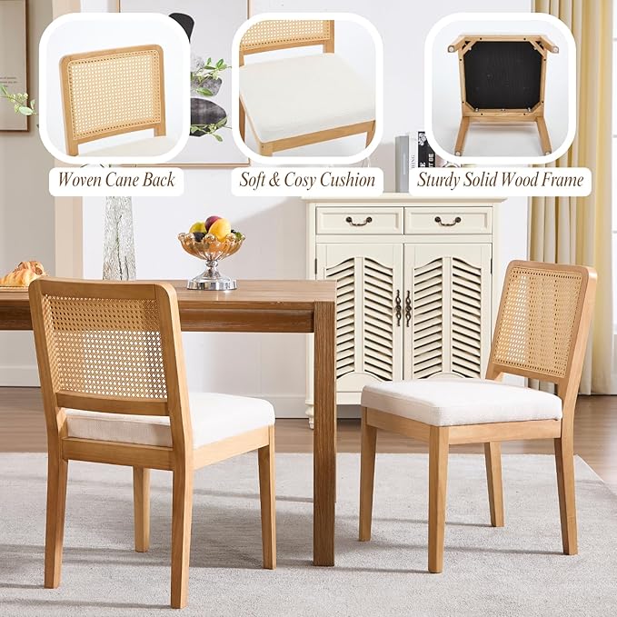 LukeAlon Farmhouse Rattan Dining Chairs Set of 6, Mid Century Modern Chenille Kitchen & Dining Chairs with Solid Wood Legs, Woven Cane Upholstered Kitchen Chairs Side Chairs for Dining Room, White