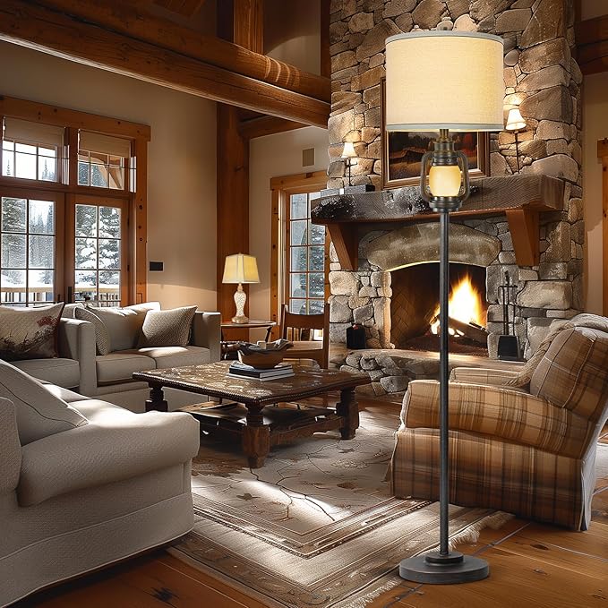 Floor Lamp for Living Room Vintage Standing Lamp with Linen Fabric Hardback Shade Industrial Tall Lamp With Night Light Decor for Living Room, Bedroom,Study, Home Office (Bulb Included)