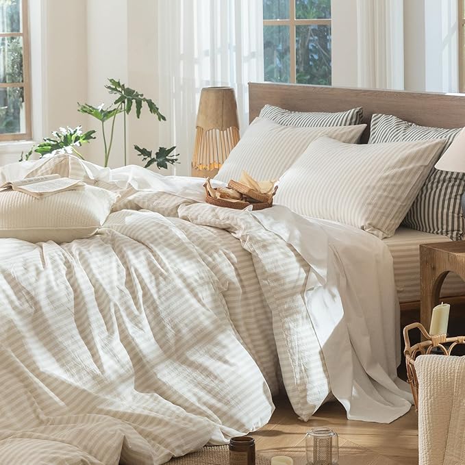 MooMee Striped Duvet Cover Set 100% Washed Cotton Linen Like Textured Breathable Durable Soft Comfy (Almond Milk Grey Classic Stripes, Super Queen 90"x98")