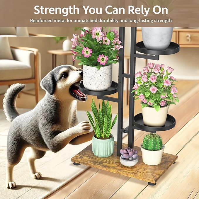 LASZOLA Black 5 Tiered Plant Stand Indoors Heavy Duty Metal Rack, Sturdy Multi Level Shleving Hold Flowers, Larger House Decorate Ladder for Planting Inside Tree Herb Cactus, Wooden Base, Space Saving