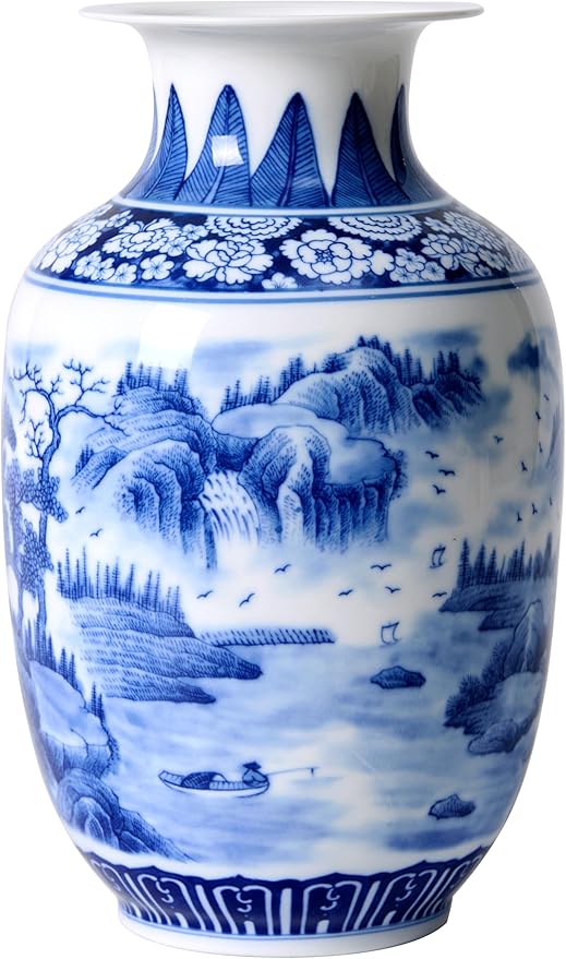 Blue and White Vintage Vase Chinoiserie Farmhouse Decorative Vases Flower Terracotta pots for Tableshelf Bookshelf Bathroom Living Room Kitchen 9.4 inch