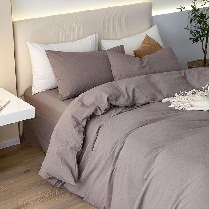 JIYUAN 100% Washed Cotton Duvet Cover Set 3 PCS Oversized King Plus, 1 Duvet Cover 128"x120"(Comforter Not Included) and 2 Pillowcases,Linen Feel Bedding Set Comfy and Breathable,Heathered Mauve Brown