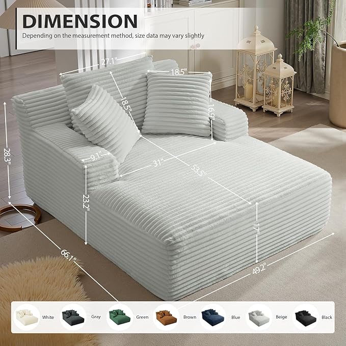 50 Inches Chaise Lounge Indoor, Oversized Chaise Lounge Chair with 3 Throw Pillows and Armrests, Corduroy Upholstered Plush Sofa Bed Lazy Chair Bed Sleeper Chair for Living Room Apartment (Light Grey)