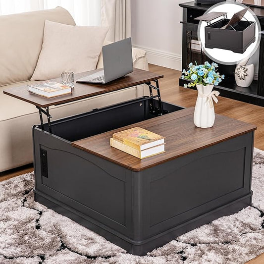35" Farmhouse Lift Top Coffee Table, Wood Square Center Table with Charging Station, Living Room Table Hidden Storage, Living Room, Bedroom, Office, AC, USB Output (Walnut Black, 35.4 inch)
