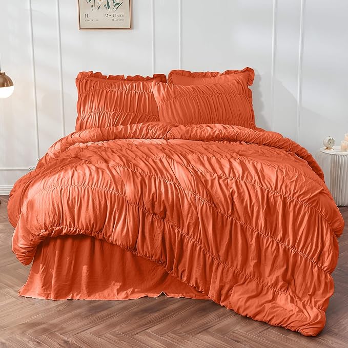 Bonlino King Size Comforter Set Bedding - Ruched Coral Comforter King Bed Set Boho Shabby Chic Comforter Fluffy 3 Piece Ruffle Comforter Set with Pillow Girl Bedding Soft and Luxury