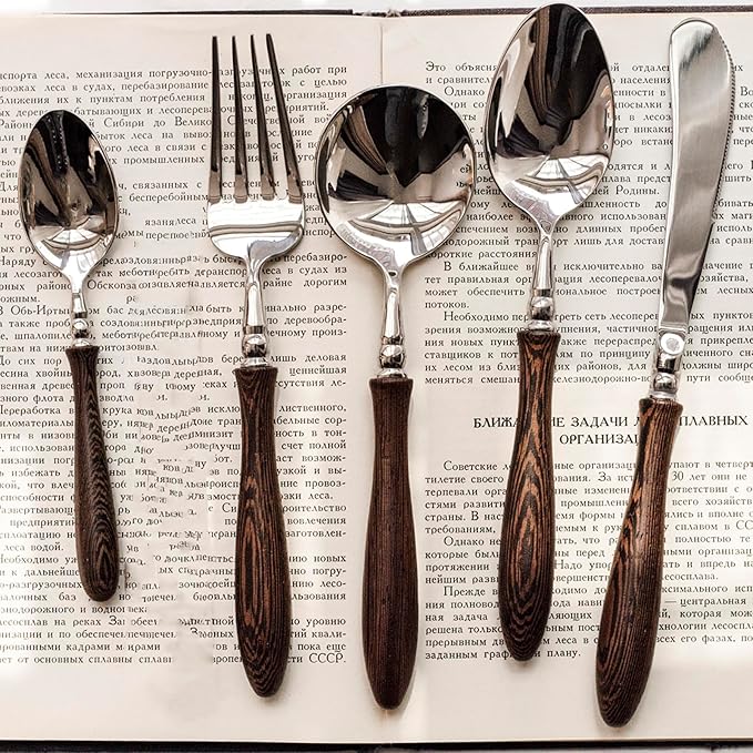 20 Piece Silverware Set Service for 4,Premium Wooden Handle Stainless Steel Flatware Set Home Include Fork Knife Spoon Set Gift Package for Christmas and Thanksgiving（Dark Brown）