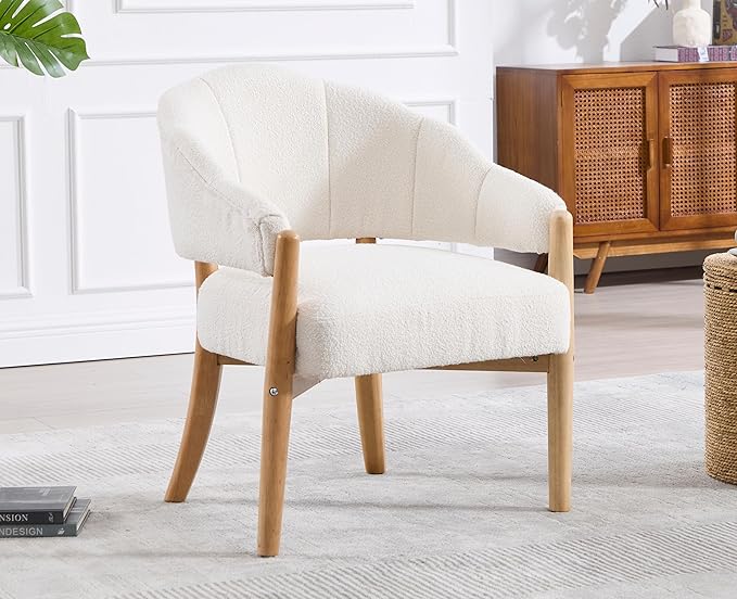 EALSON Modern Barrel Accent Chairs Set of 2 Boho Boucle Living Room Arm Chairs with Wood Legs Cozy Sherpa Upholstered Reading Armchairs Comfy Lounge Side Chair for Bedroom Waiting Room, White