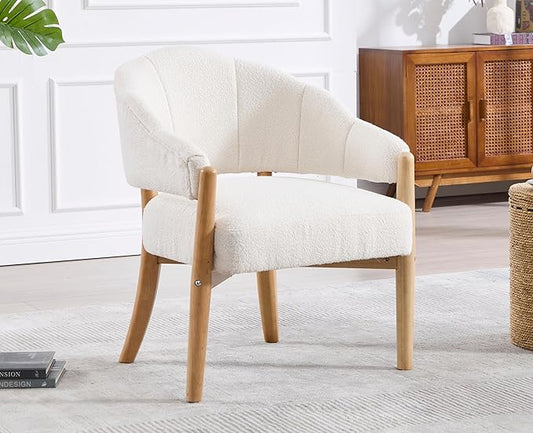 EALSON Modern Barrel Accent Chair Boho Boucle Living Room Arm Chair with Wood Legs Cozy Sherpa Upholstered Reading Armchair Comfy Lounge Side Chair for Bedroom Waiting Room, White