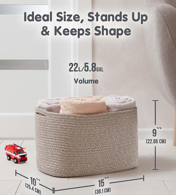 CHAT BLANC Cotton Rope Baskets for Organizing | Storage Baskets for Shelves | Rope Basket for Storage, Small Laundry Baskets, Woven Baskets for Storage, Dog Toy Bin, Baby Basket, Brown 3 Pack