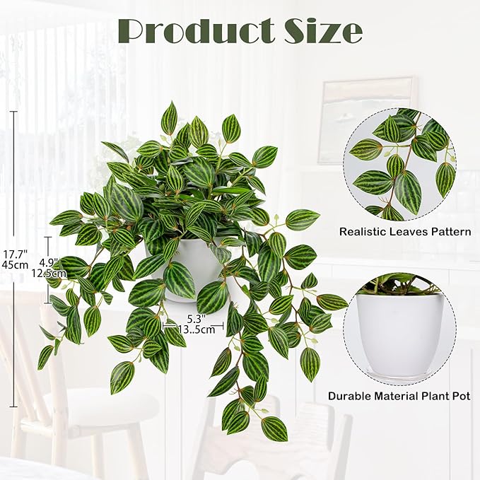 Briful Artificial Plants Indoor Fake Potted Silk Plants Faux Watermelon Peperomia Draping Plant for Home Office Bathroom Shelf Cabinet Tabletop Decoration(Green - 1 Pack)