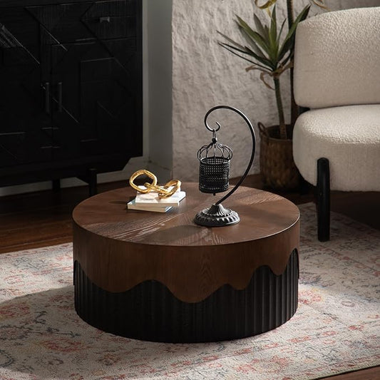 Round Coffee Table, 30.31" Circle Accent End Table, Morden Drum Side Table, Fluted Wooden Center Table for Living Room, Fully Assembled - Walnut and Black