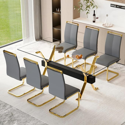 7 Piece Glass Dining Table Set, 79" Modern Dining Table Set for 6, 0.5" Thick Tempered Glass Tabletop with Gold Chrome Metal Legs and Black Crossbar, 6 PU Chairs for Dining Room, Kitchen
