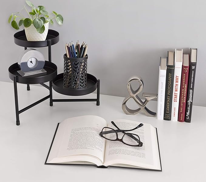 Kate and Laurel Finn Modern Tri-Level Metal Plant Stand, 7.25 x 7.25 x 10, Black, Indoor Multi-Tiered Plant Stand for Tabletop