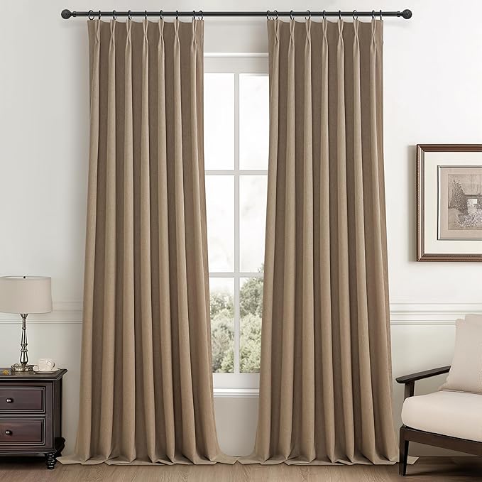 Primitive Curtain 108 Inch Long 2 Panels Burg,Chocolate Rust Brown Pinch Pleated Linen Blended 9 ft Floor Length to Ceiling Traverse Curtains for Living Room Blackout Drapes Sun Blocking Window