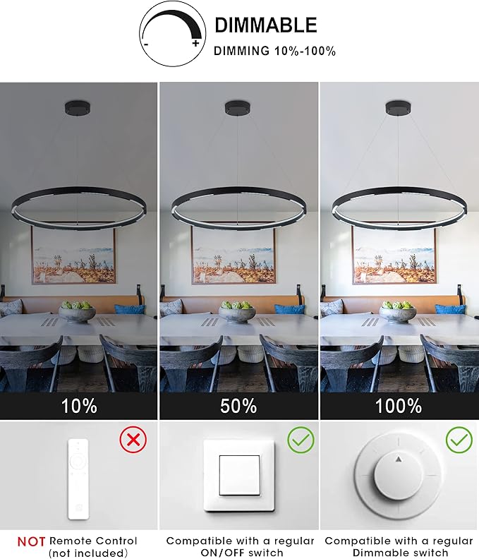 Led Ring Chandelier,Ring Light Chandelier Modern Pendant Light,1 Circular Chandelier Dimmable Hanging Led Pendant Lighting for Living,Dining Room Kitchen Island 23.6" 3000-6000K Black