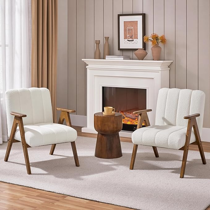 Yaheetech Boucle Fabric Mid Century Accent Chair Set of 2, Modern Upholstered Living Room Chairs with Solid Wood Legs, Reading Armchair for Small Spaces Bedroom