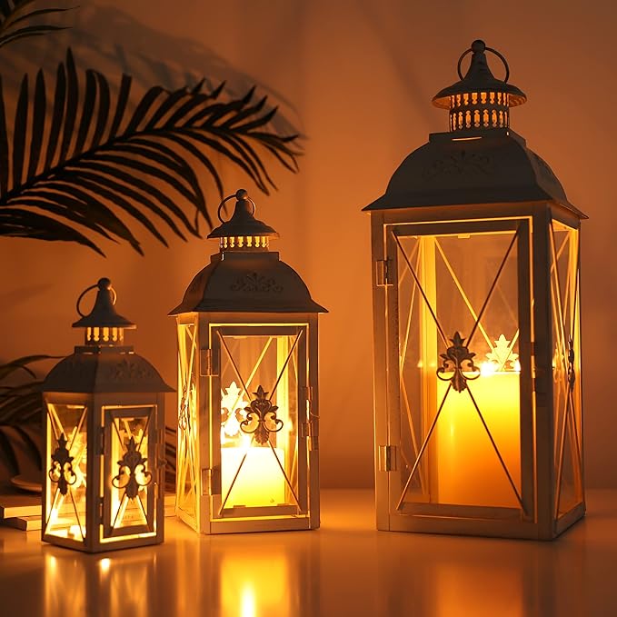 TRIROCKS 3-Pack Decorative Lanterns - 19" Vintage Metal Candle Holders with Tempered Glass - Perfect for Christmas, Living Room, Garden, Patio, Indoor & Outdoor Events (White with Gold Brush Finish)
