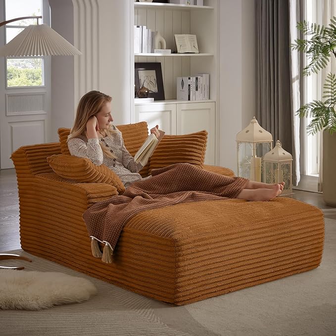 Oversized Chaise Lounge, Corduroy Sofa Bed Chair Indoor with Throw Pillows, Cozy Cloud Couch, Upholstered Sleeper Sofa Couch for Living Room, Bedroom, Apartment, Light Gray