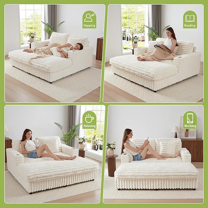 RARZOE 64'' Oversized Chaise Lounge Chair Indoor, Plush Faux Rabbit Fur Sleeper Sofa Bed with 4 Pillows, Charging Station & Cup Holders, Fluffy Comfy Cloud Couch Loveseat Sofa for Living Room,Beige