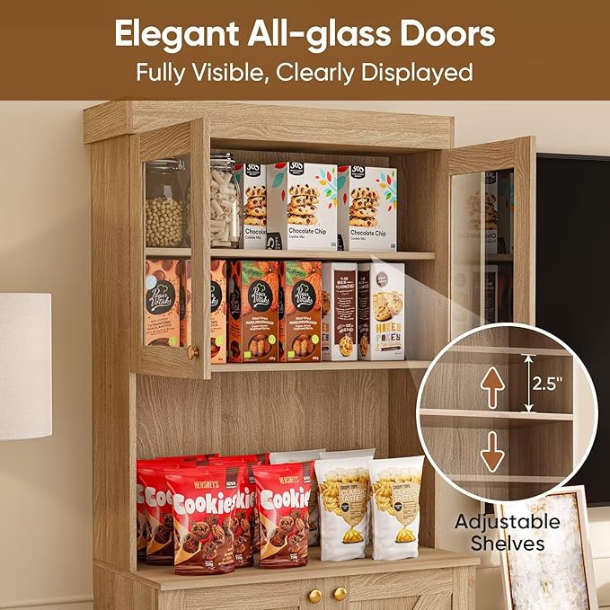 Vyre 71" Farmhouse Kitchen Pantry Cabinet, Brown Freestanding Coffee Bar Hutch with Glass Doors & Adjustable Shelves, Large Storage Cabinet with Microwave Stand for Living Room & Kitchen
