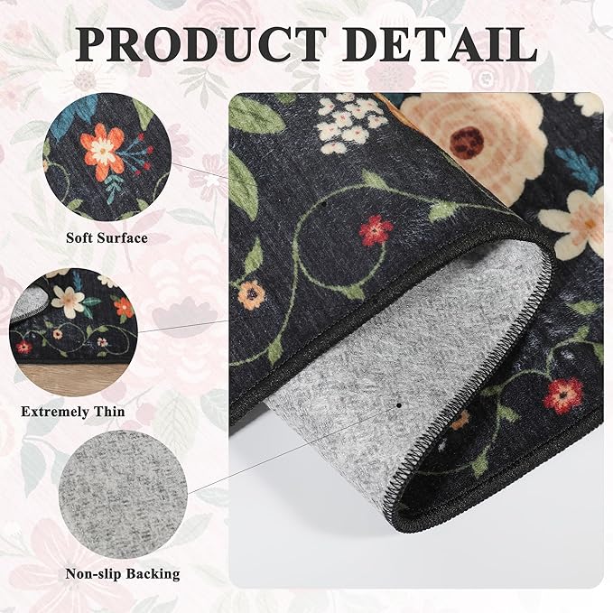 DUKINO 3x10 Runner Rug for Hallway, Washable Kitchen Floral Runner Rug with Non Slip Backing, Low Pile Soft Boho Carpet for Kitchen, Hallway, Entryway, Laundry, Bedroom, Black
