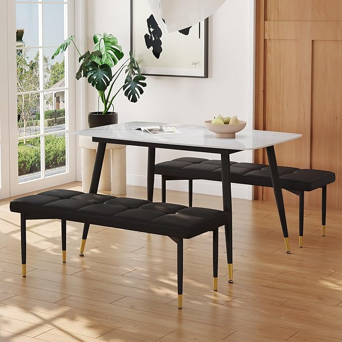 Modern Dining Table Set for 4 Marble Kitchen Table Set with 2 Upholstered Benches 3-Piece Dining Room Sintered Stone Table and Bench Set for Breakfast Nook, Apartment(50" White Table+2Benches)