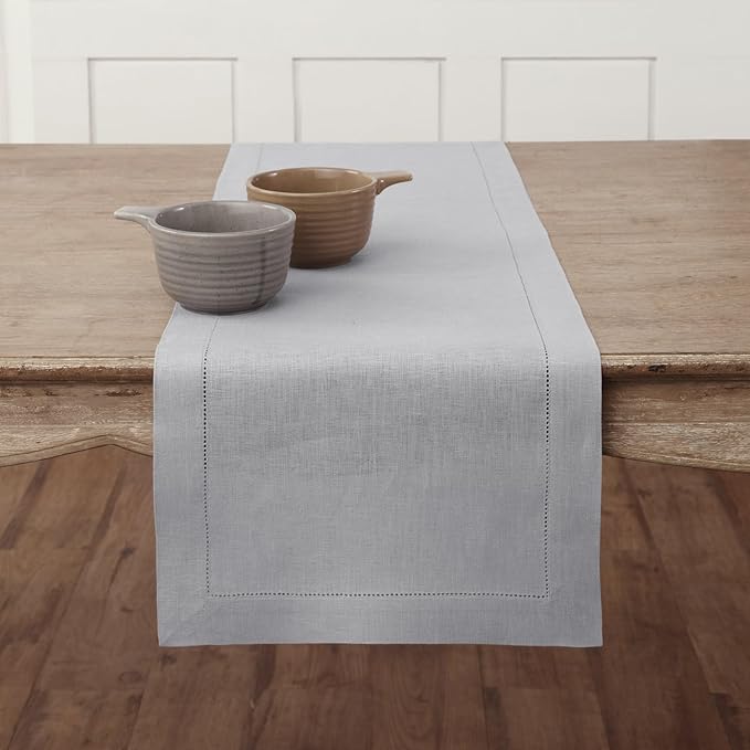 Solino Home Linen Soft Grey Table Runner 120 Inches Long - 100% Pure Linen Hemstitch 14 x 120 Inch Table Runner for Dining, Fall, Autumn, Thanksgiving, Christmas - Classic Hemstitch