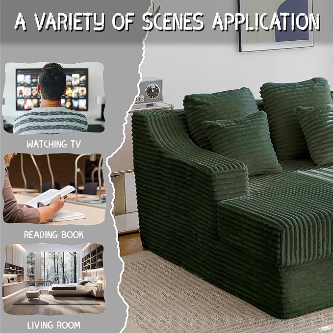 Chaise Lounge Sofa Chair Indoor Cozy Sofa Bed Oversized with Four Pillow Fluffy Upholstered Sleeper Sofa Chair for Living Room Bedroom Office Liesure No Assembly Required（Green）