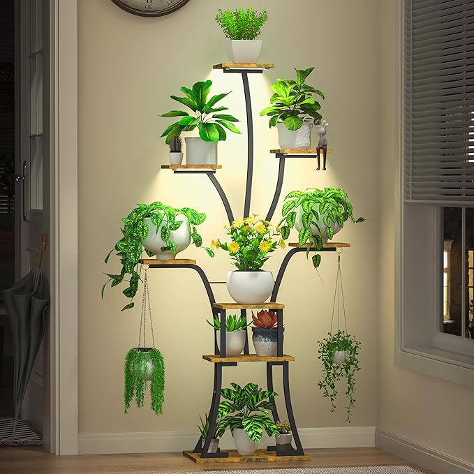 64" Tall 8 Tiered Plant Stand Indoor with Grow lights Large Tree Shape Decorative Rack Plant Pot Holder Gardening for Living Room Corner Black