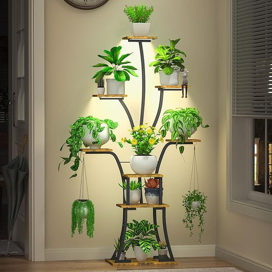 64" Tall 8 Tiered Plant Stand Indoor with Grow lights Large Tree Shape Decorative Rack Plant Pot Holder Gardening for Living Room Corner Black