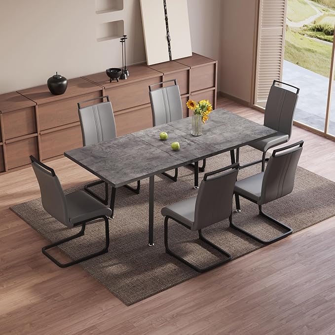 7 Piece Dining Table Set for 6-8,55-71" Extendable Dining Table Set with 6 Upholstered Chairs,Rectangle Kitchen Table Set for Small Space,Dining Room and Office,Grey