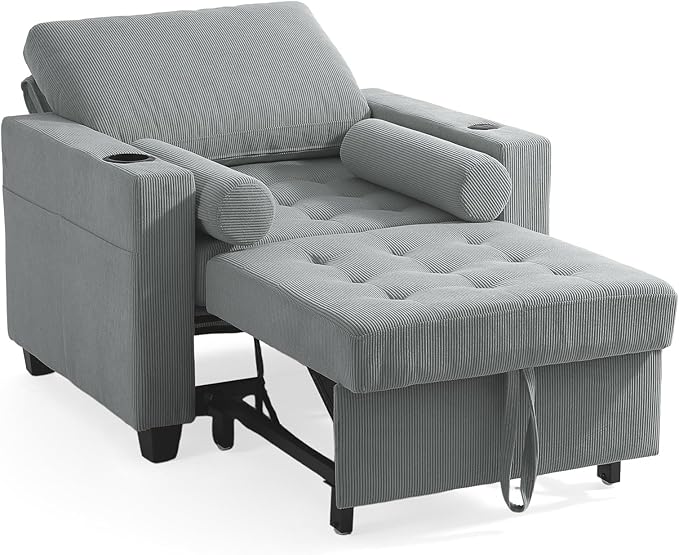 UIXE 3-in-1 Sleeper Chair Pull Out Sofa Bed, Convertible Reclining Seat Upholstered Armchair, Adjustable Backrest Recliner Chair with Side Pockets, Cup Holder & USB Ports - Gray